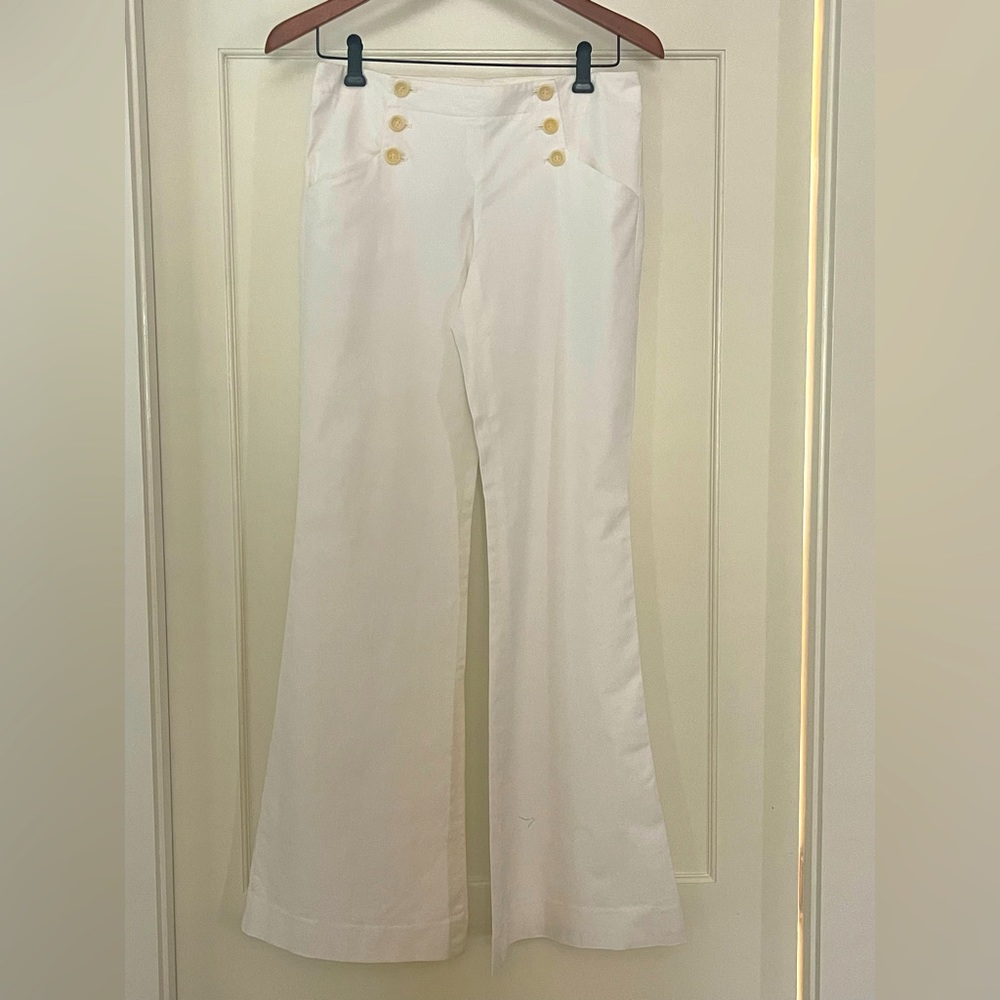 Theory White Boot-Cut Sailor Pants with Gold Buttons
